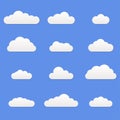 Clouds icon set. Different cloud shapes isolated on the blue sky background. Vector illustration. Royalty Free Stock Photo